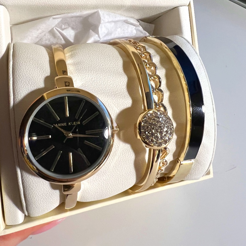 Anne Klein Black/Gold Bangle Watch & Bracelet Set